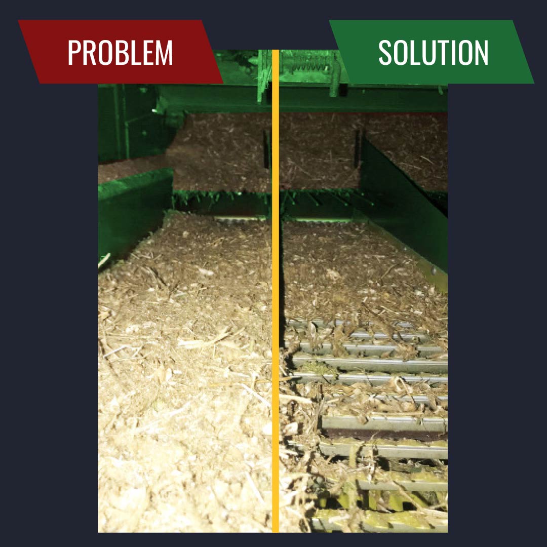 overloaded chaffer problems in deere combine harvesting soybeans
