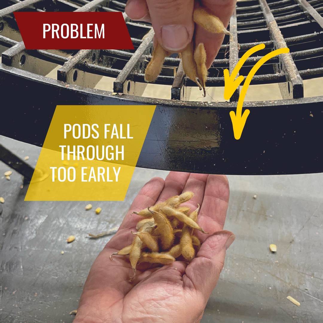 soybean pods fall through concaves without cover plates